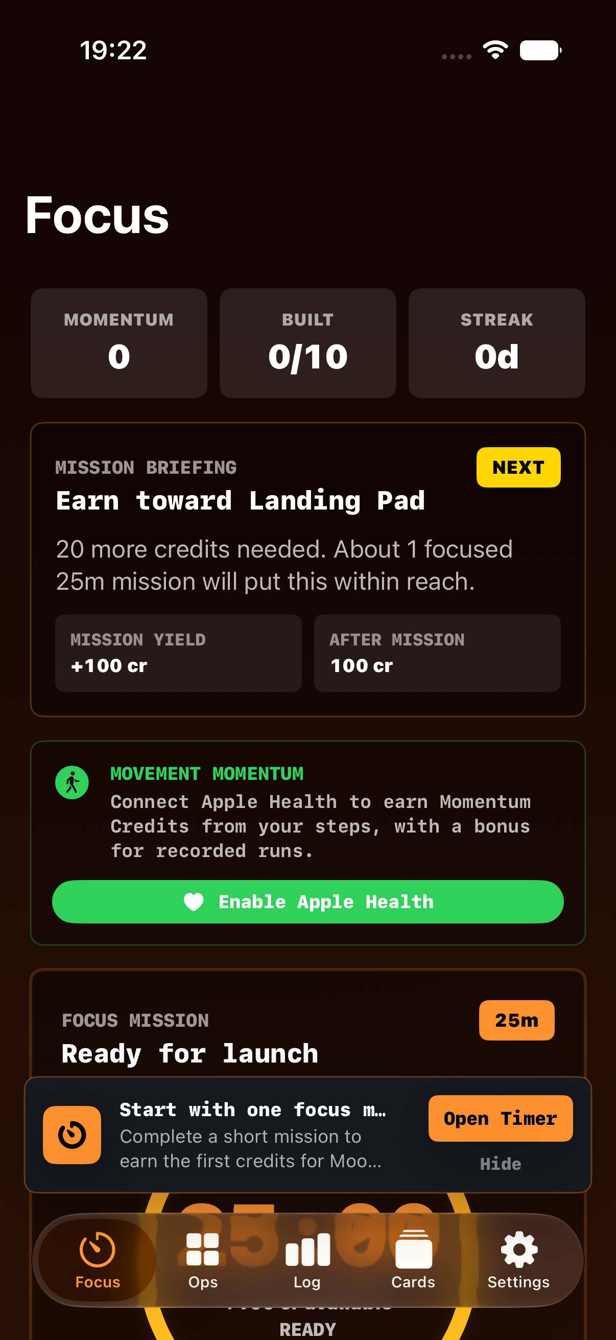 TinyPomo focus timer with the current Moon mission progress